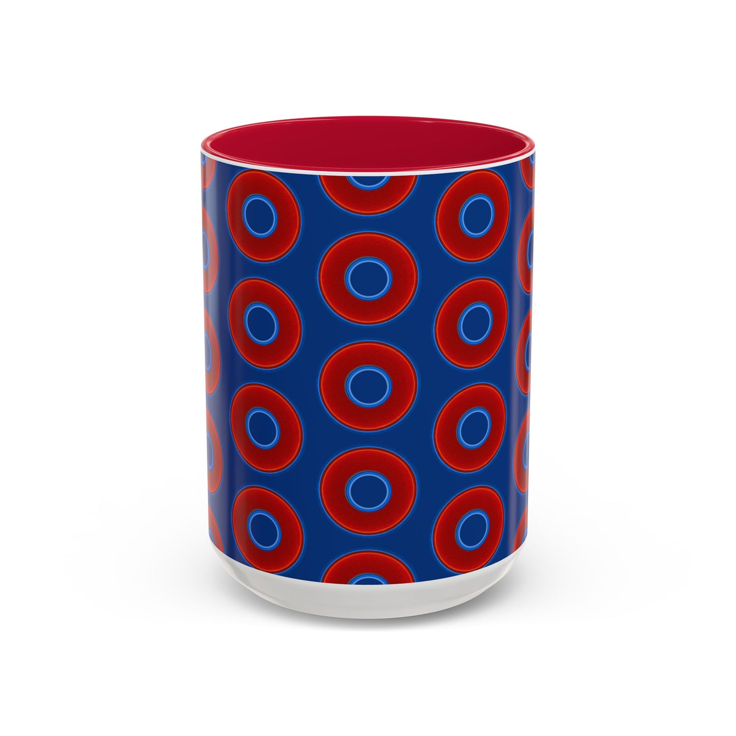 Lump's Grumpy Coffee Mug - vivid red donuts w/dark blue background
