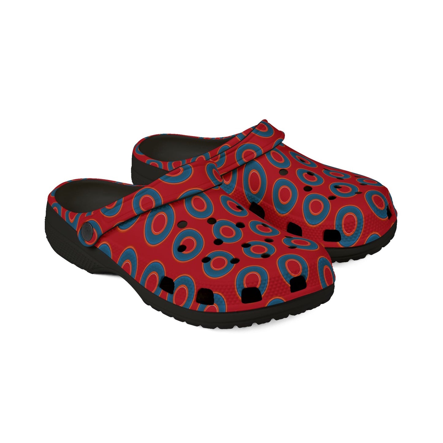 Spatchcocks - donut slip-on shoes - blue rustic donuts w/red background [unisex]