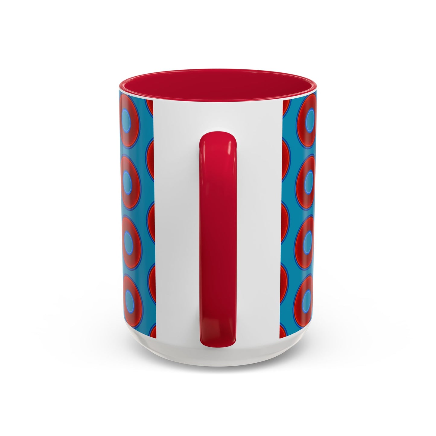 Lump's Grumpy Coffee Mug - vivid red donuts w/aquamarine blue background