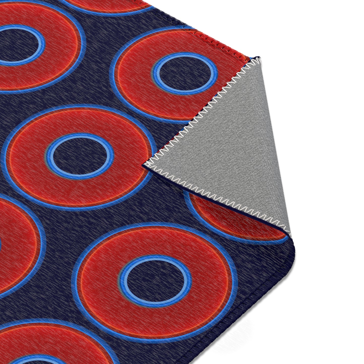 Lumpy Donut Print Rug - choice of 3 sizes - vivid red donut print w/midnight blue background