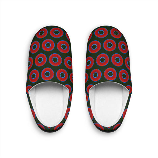 Men's Lumpy Slippers - red vivid donut print w/deep forest green background