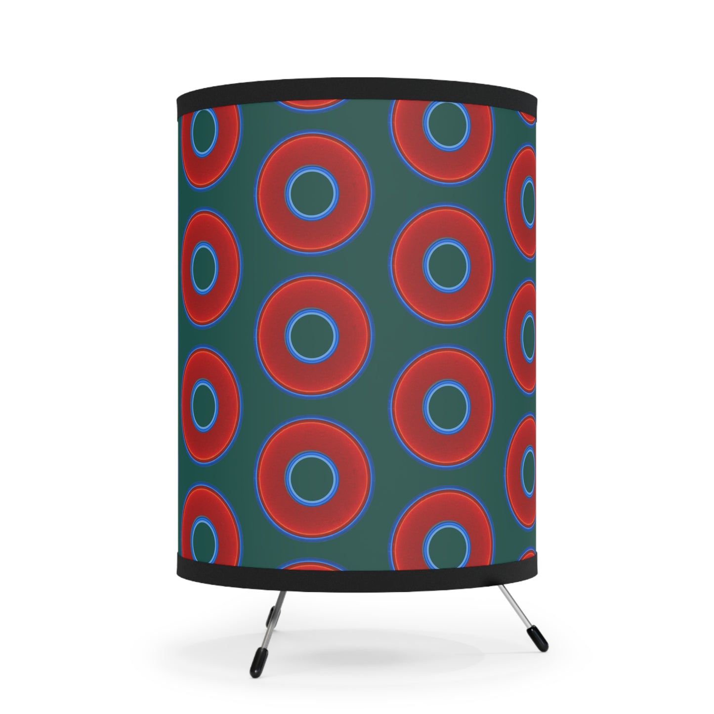 Lumpy Tripod Donut Lamp - vivid red donuts w/dark Fenway green background