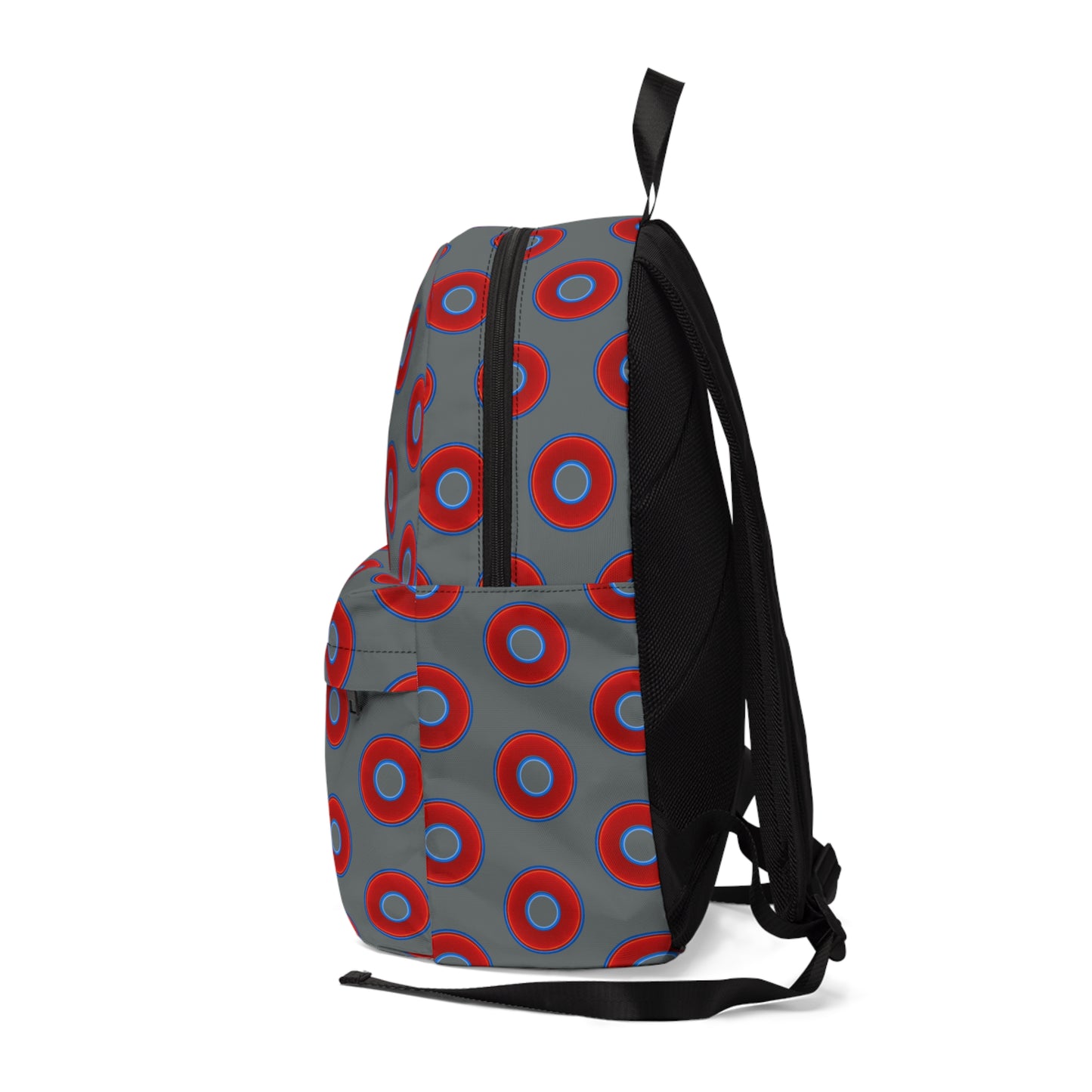 Donut Backpack - red vivid donuts w/dark gray background