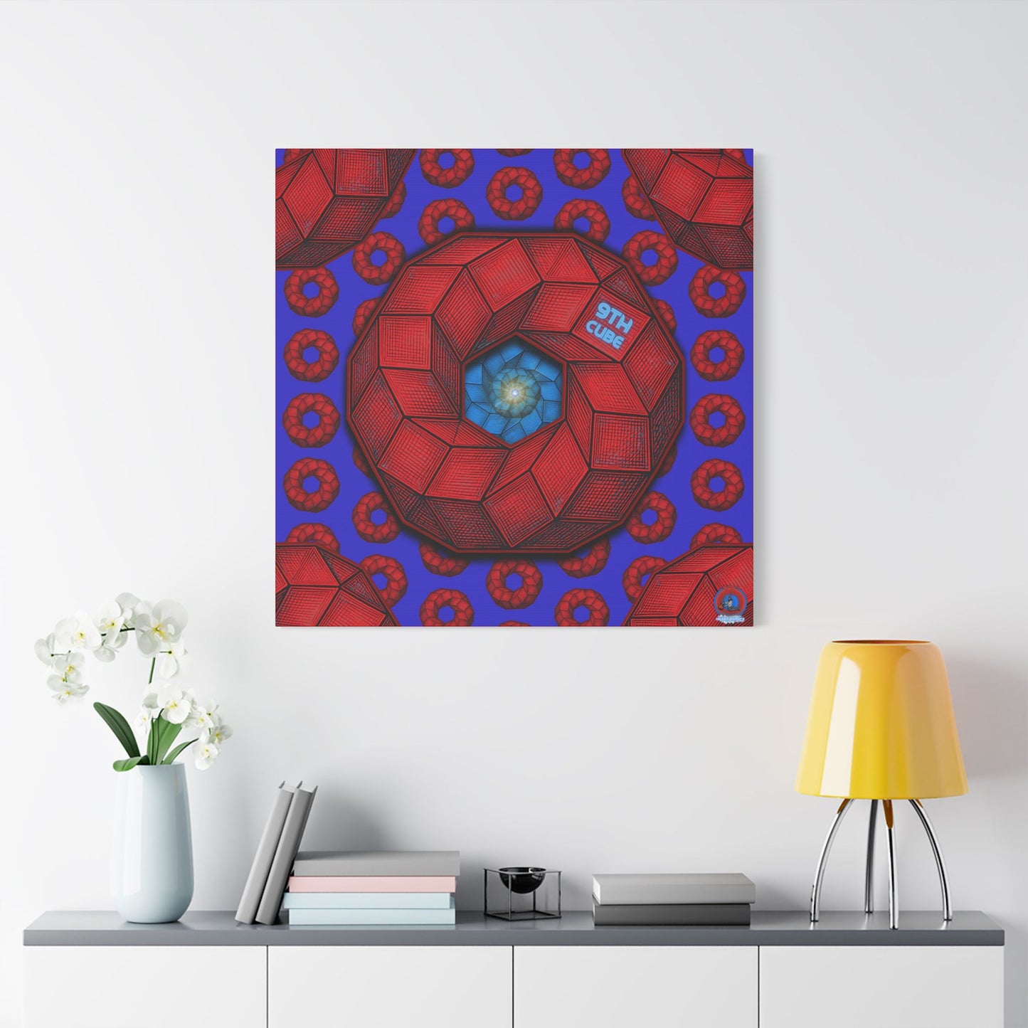 GIANT  Canvas [36" x 36"] - "The 9th Donut Field" - red cubed donuts
