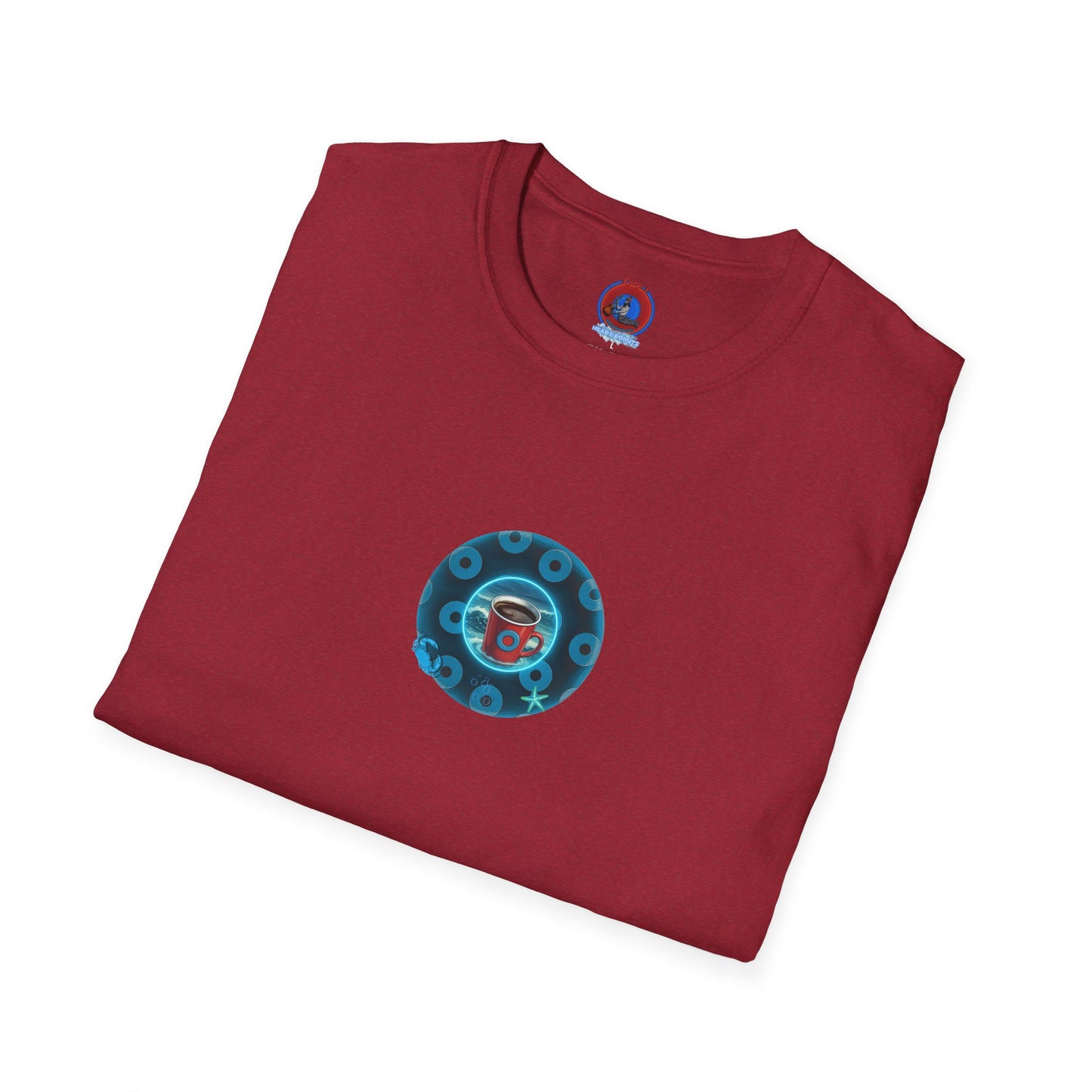 Lumpy Coffee Traders Tee - Unisex Soft-Style - "Good to Last Leaky Drop" - paradoxical donut - variant 2 - ocean donut front/logo back