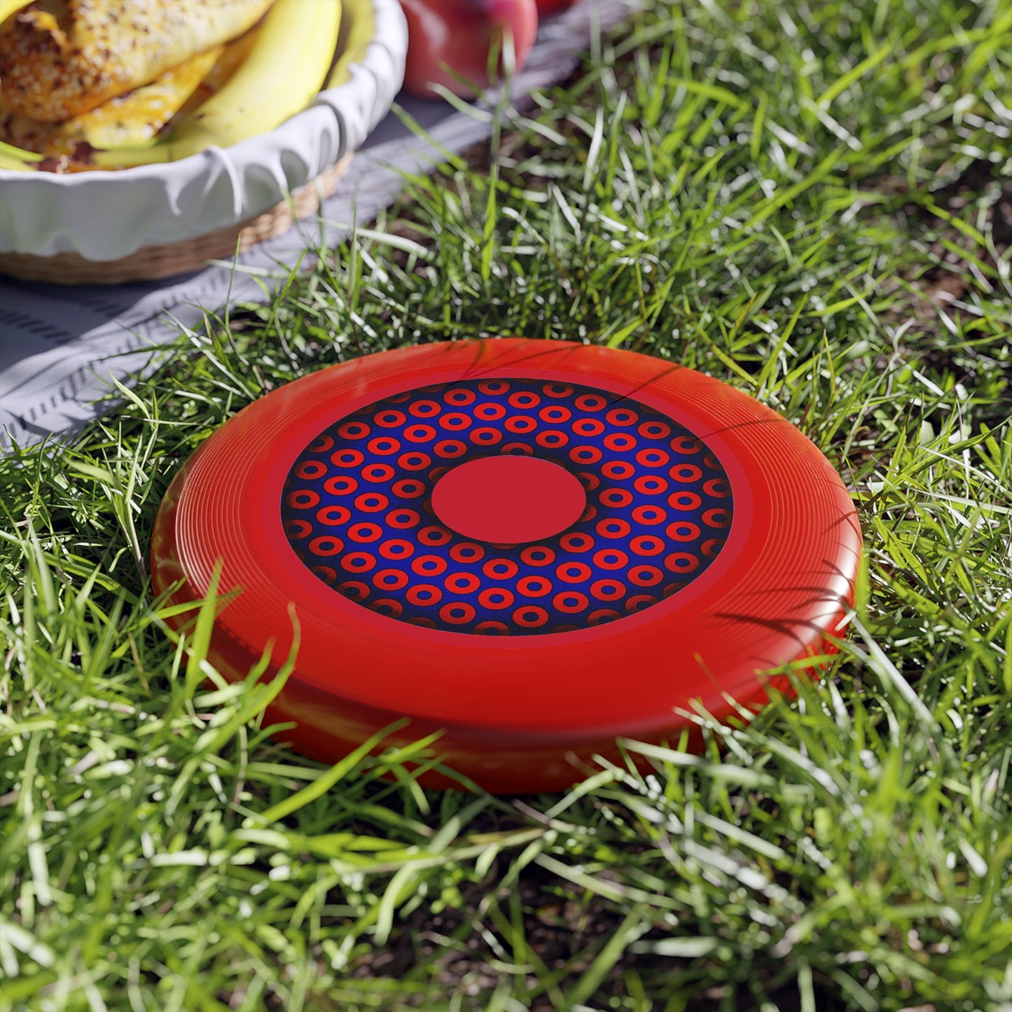 Lumpy Wham-O Donut Frisbee - "Grid Paradox Donut Phrisbee" - red/dark blue