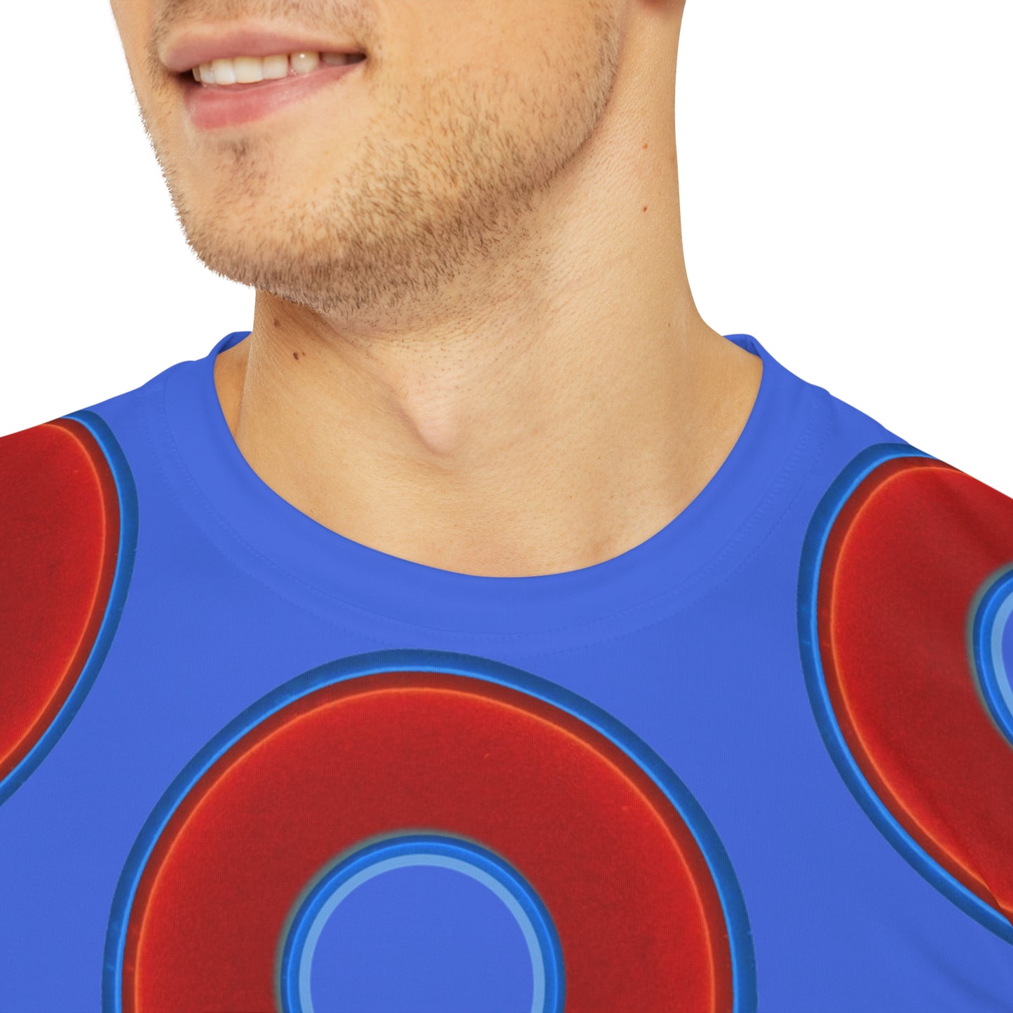 Multi-Beastie Giant Donut AOP Polyester Tee - red vivid donut print w/royal blue background