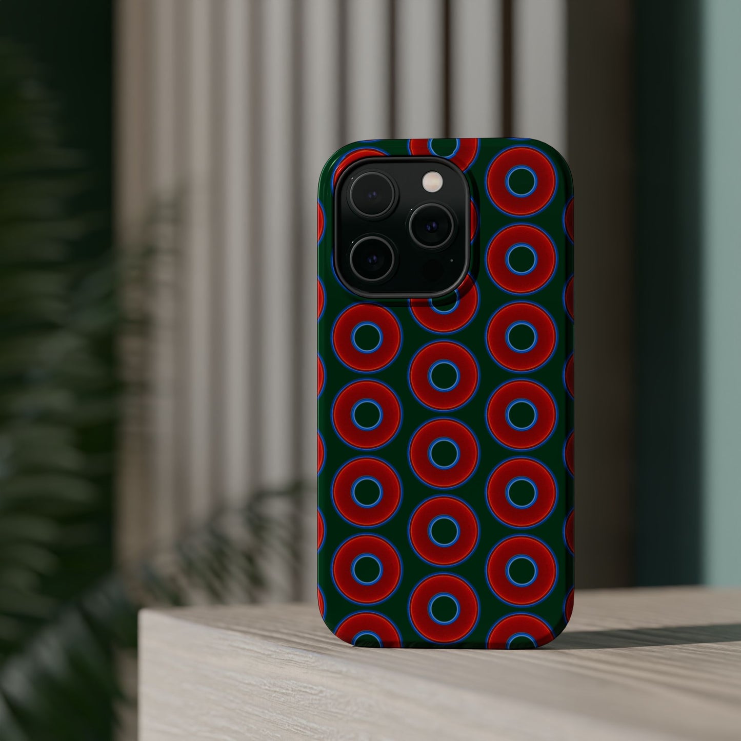 Magnetic Tough Donut Case - red vivid donut print w/deep pond green background