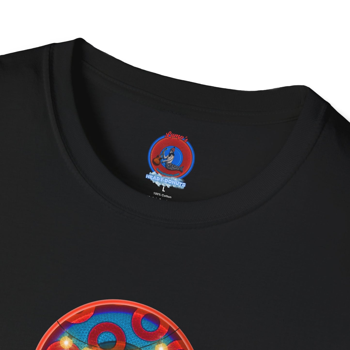Classic Donut Tee - Unisex Soft-Style - "MORE Donuts Please" - rustic dark blue/red paradox donut - variant 2