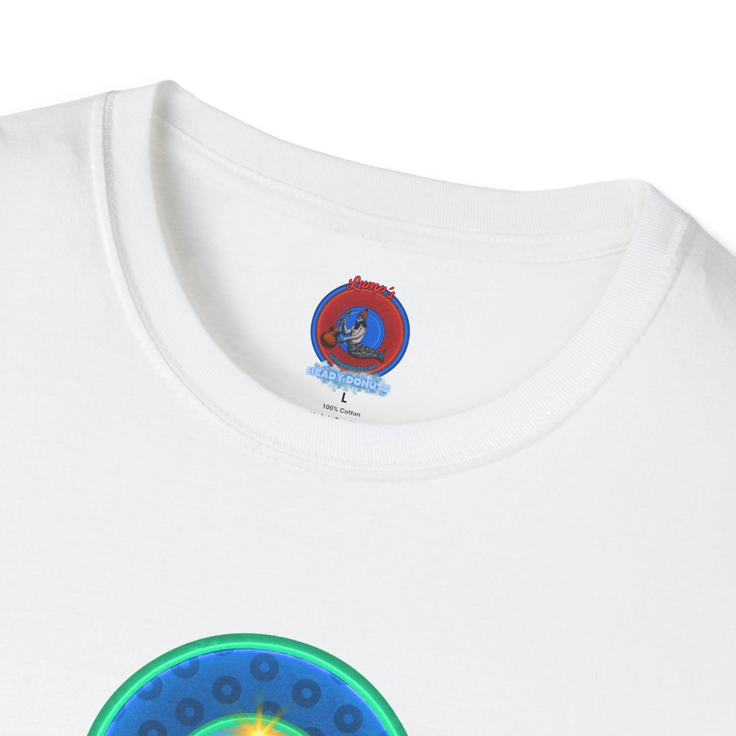Classic Donut Tee - Unisex Soft-Style - "Devil's Drowning Donuts" - blue/green paradox donut