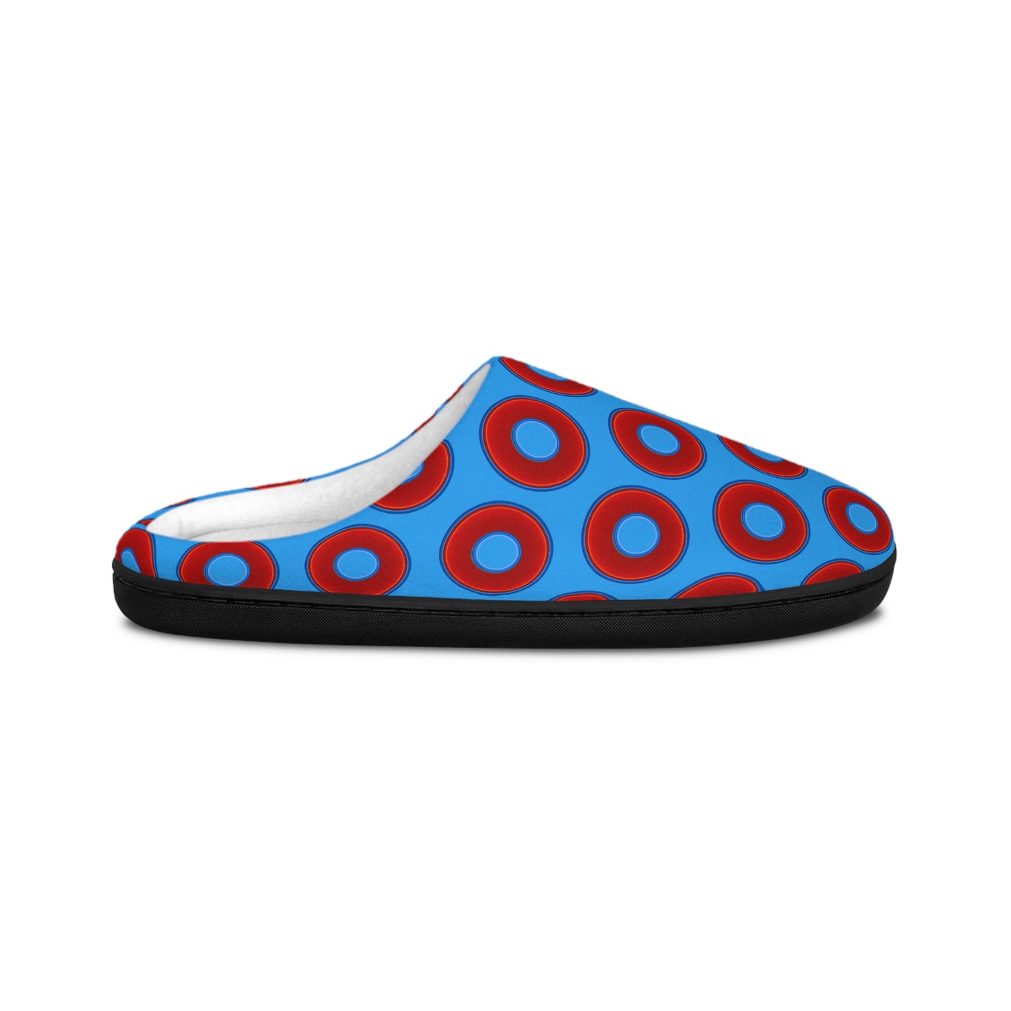 Men's Lumpy Slippers - red vivid donut print w/sky royal blue background