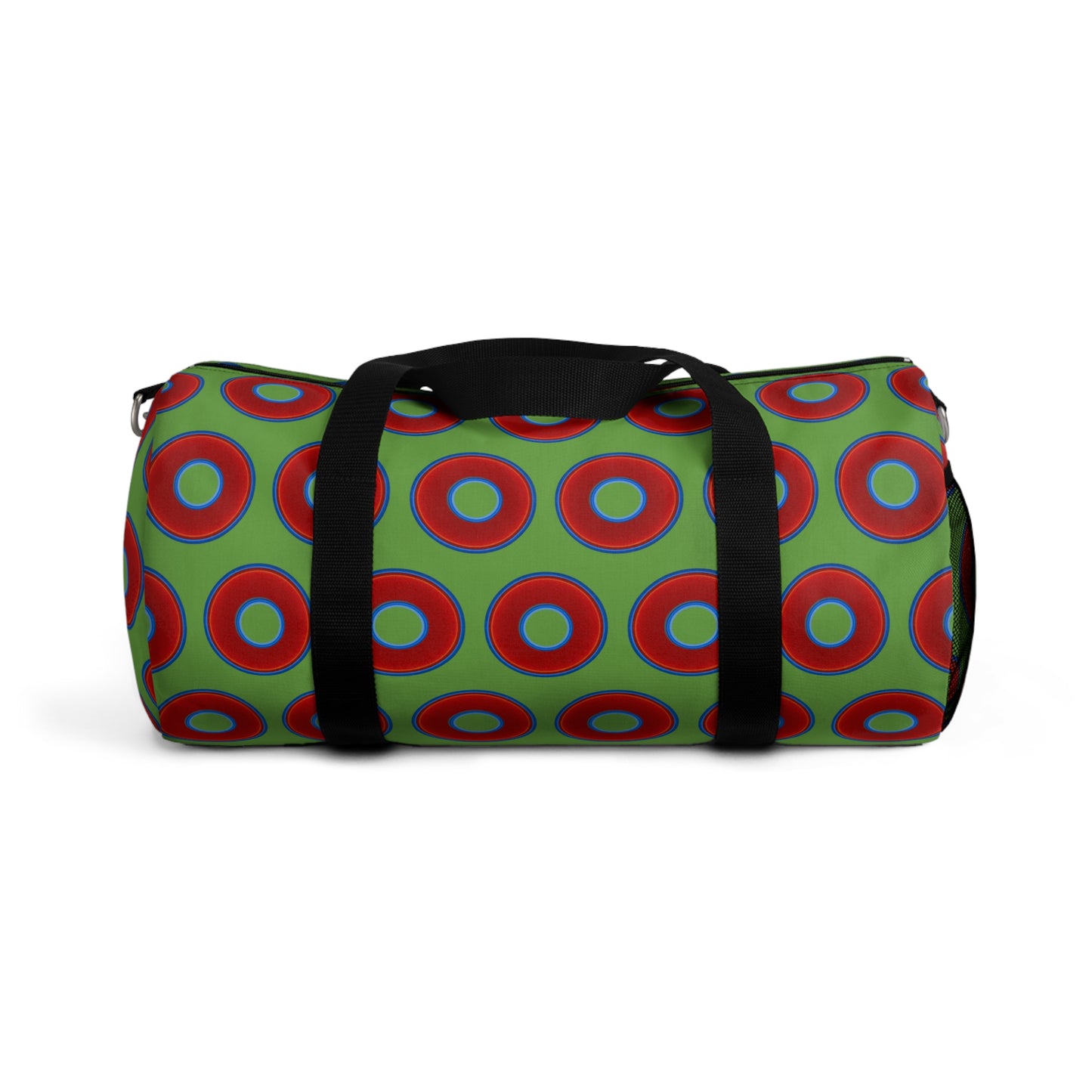 Lumpy Duffel - vivid red donuts w/light green background