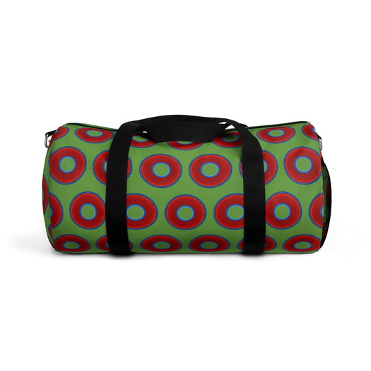 Lumpy Duffel - vivid red donuts w/light green background