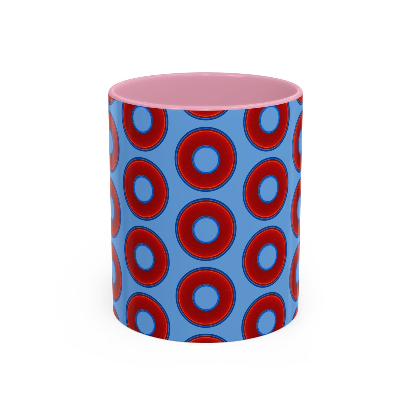Lump's Grumpy Coffee Mug - vivid red donuts w/light blue background