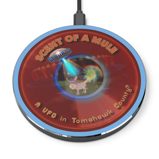 The Flow - Wireless Lumpy Donut Chargers - "Wireless Donut Chargers? In Tomahawk County?" - vivid red donut w/dark royal blue background - variant 3