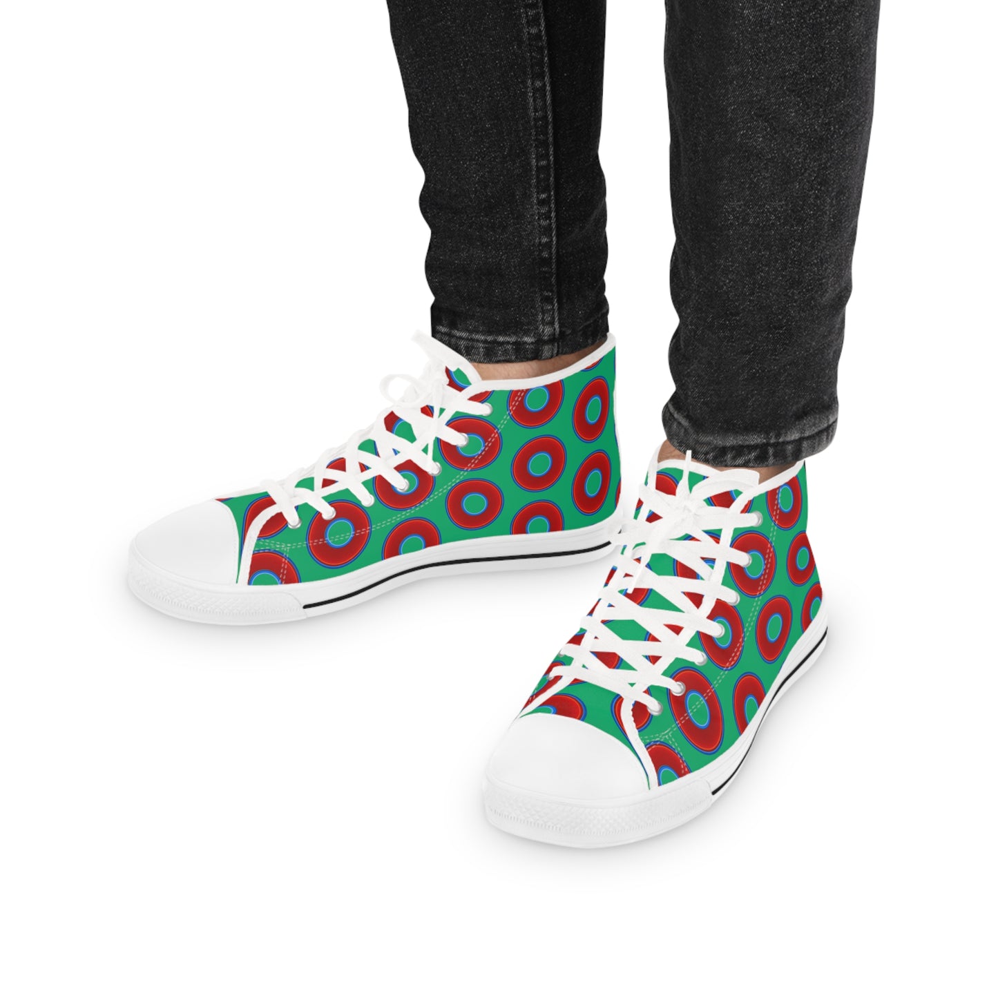 Men's High Top Chucks - large vivid red donut print w/jade green background