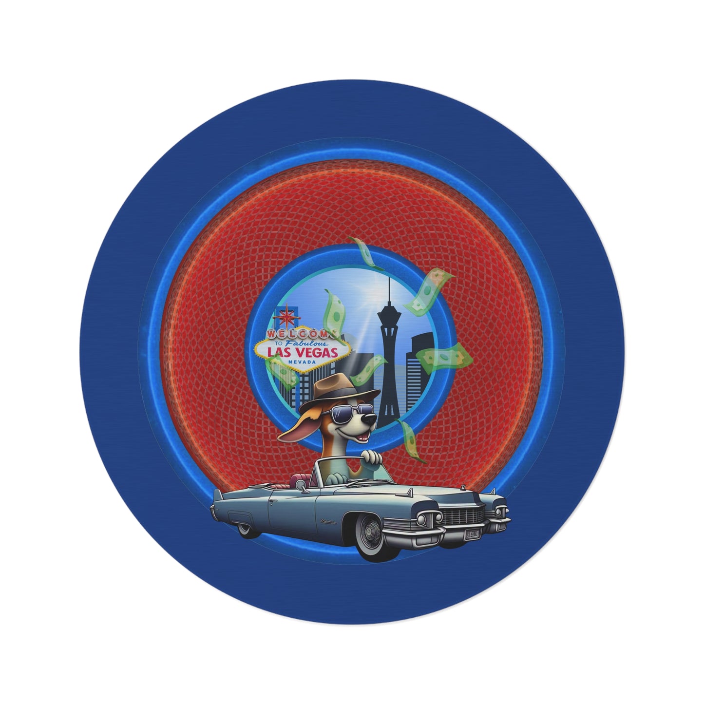 Round Room - 5 ft x 5 ft Lumpy Donut Rug - "Jimmy's Runaway Donut Rug" - rustic red/blue donut w/dark blue background - variant 2