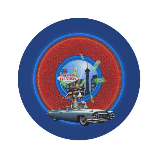 Round Room - 5 ft x 5 ft Lumpy Donut Rug - "Jimmy's Runaway Donut Rug" - rustic red/blue donut w/dark blue background - variant 2