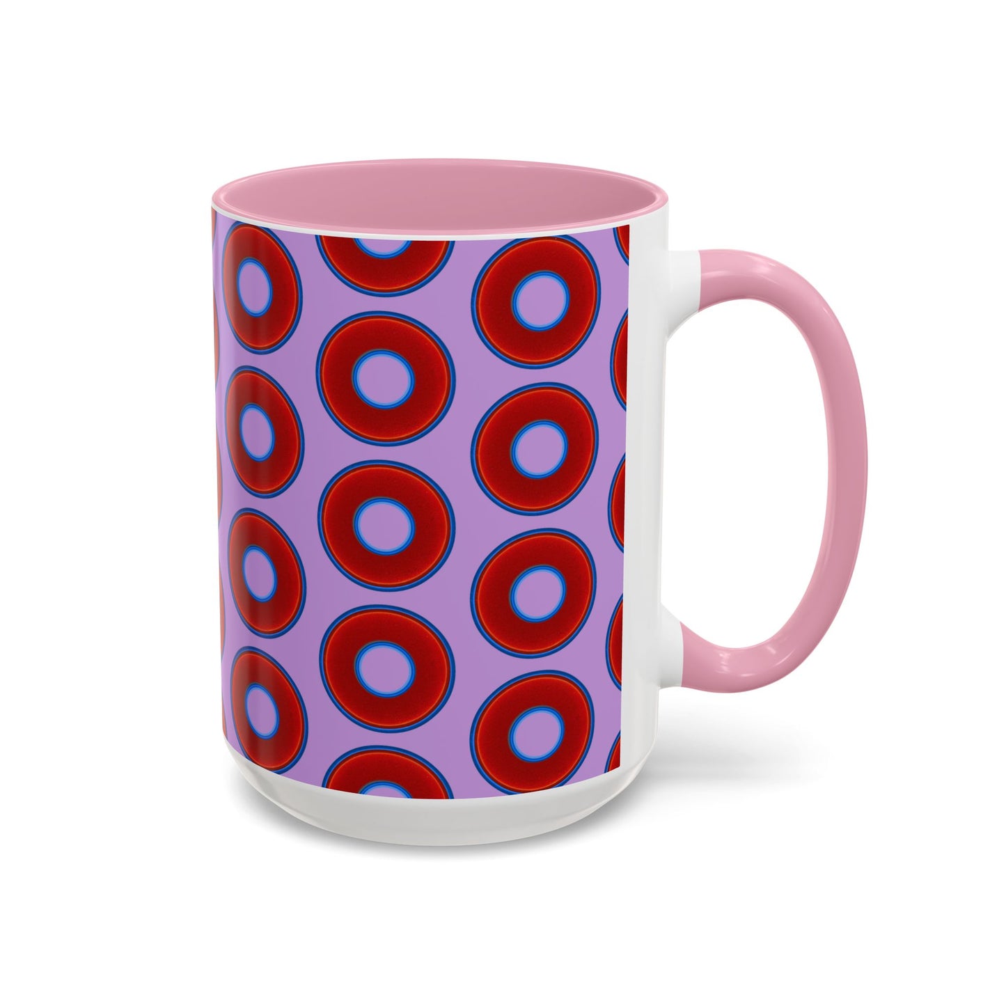 Lump's Grumpy Coffee Mug - vivid red donuts w/wisteria purple background