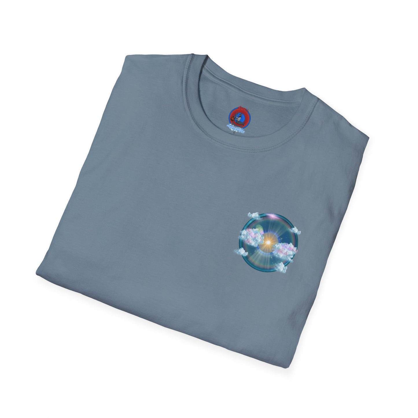 Classic Donut Tee - Unisex Soft-Style - "The Divided Donut" - variant 2 - blue donut  w/hole & sun [*50% to The Divided Sky Foundation]