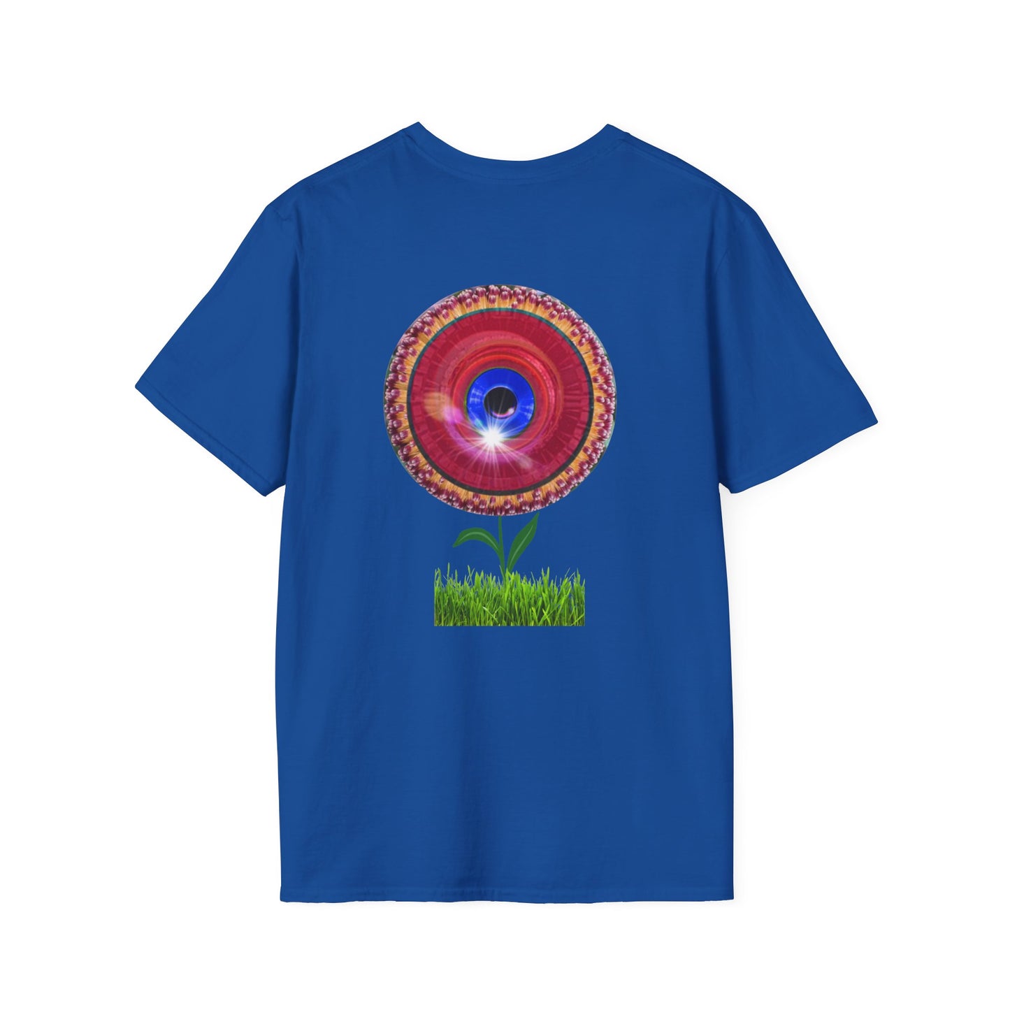 Classic Donut Tee - Unisex Soft-Style - "Smell the Donuts Outside on my Lawn"  " variant 1 - blue donut on red donut/flower