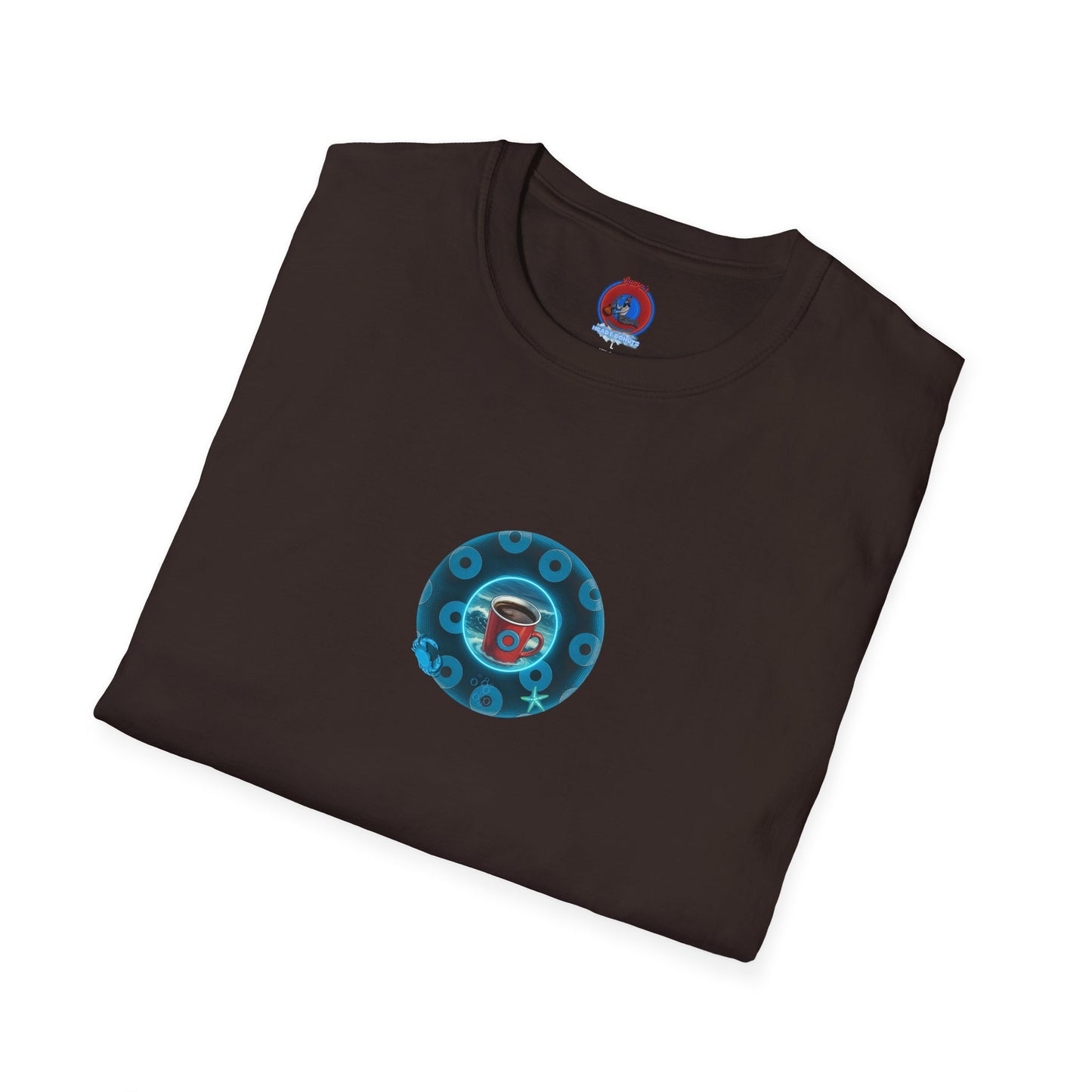 Lumpy Coffee Traders Tee - Unisex Soft-Style - "Good to Last Leaky Drop" - paradoxical donut - variant 2 - ocean donut front/logo back