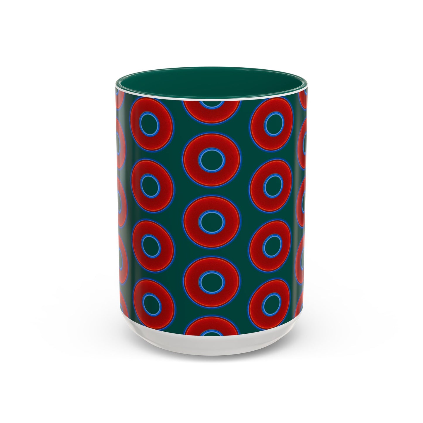 Lump's Grumpy Coffee Mug - vivid red donuts w/dark Fenway green background