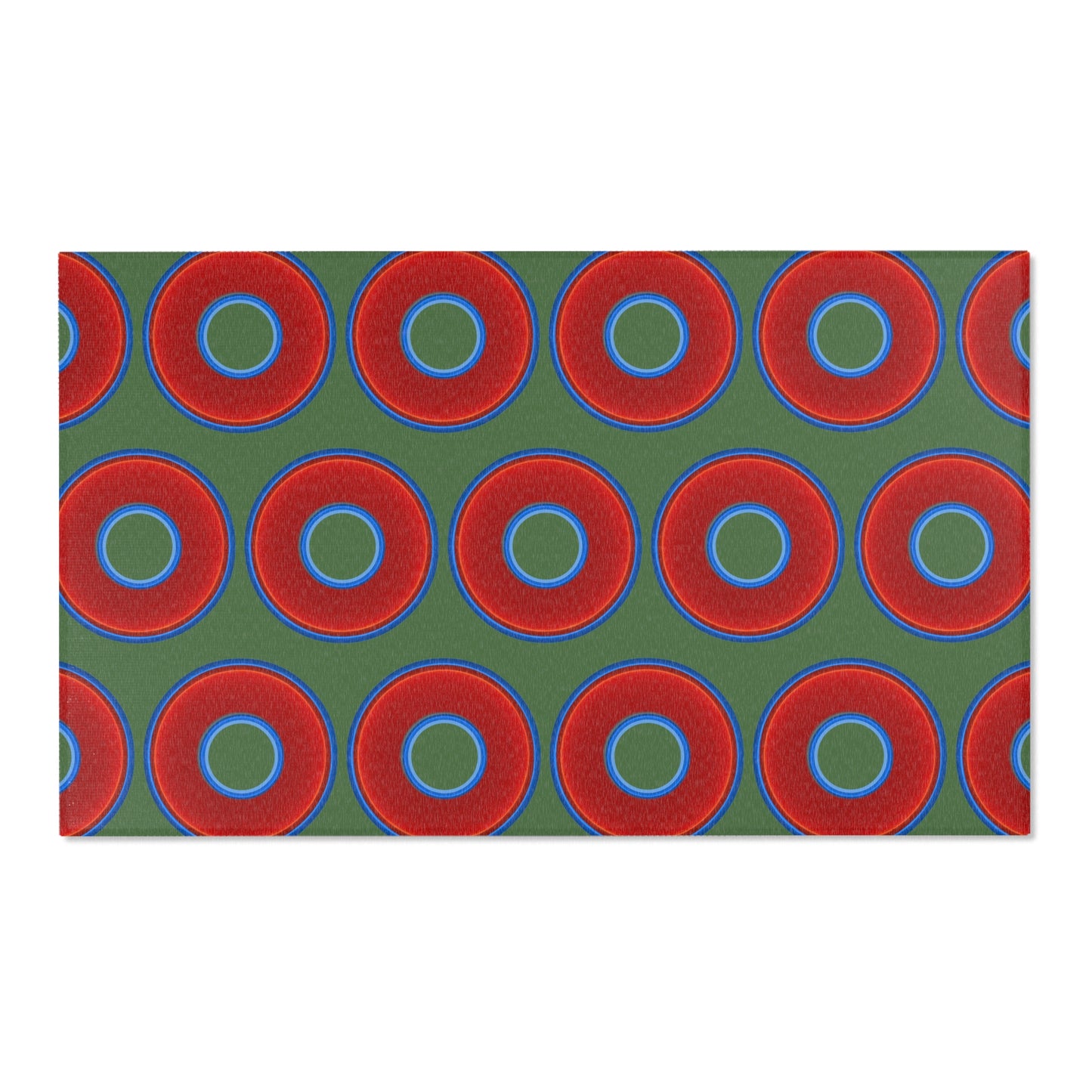Lumpy Donut Print Rug - choice of 3 sizes - vivid red donut print w/dark green background