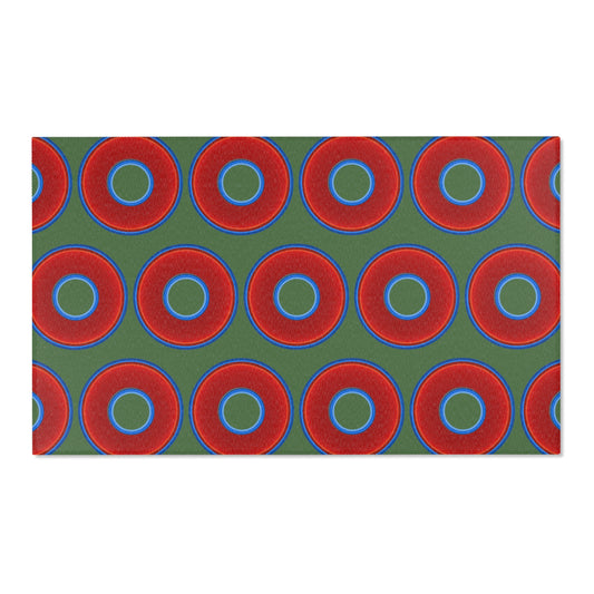 Lumpy Donut Print Rug - choice of 3 sizes - vivid red donut print w/dark green background