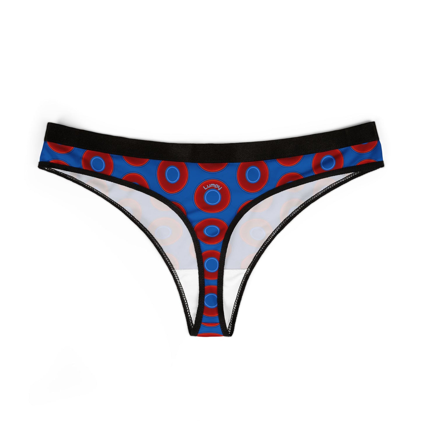 Lumpy Donut Thongs - red vivid donut print w/dark royal blue background