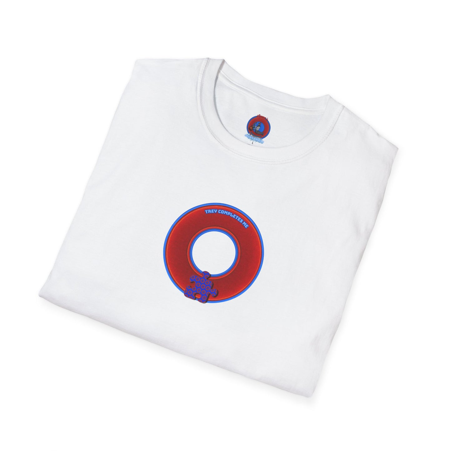Classic Donut Tee - Unisex Soft-Style - "Trey's Completed Donut" - vivid red/blue donut