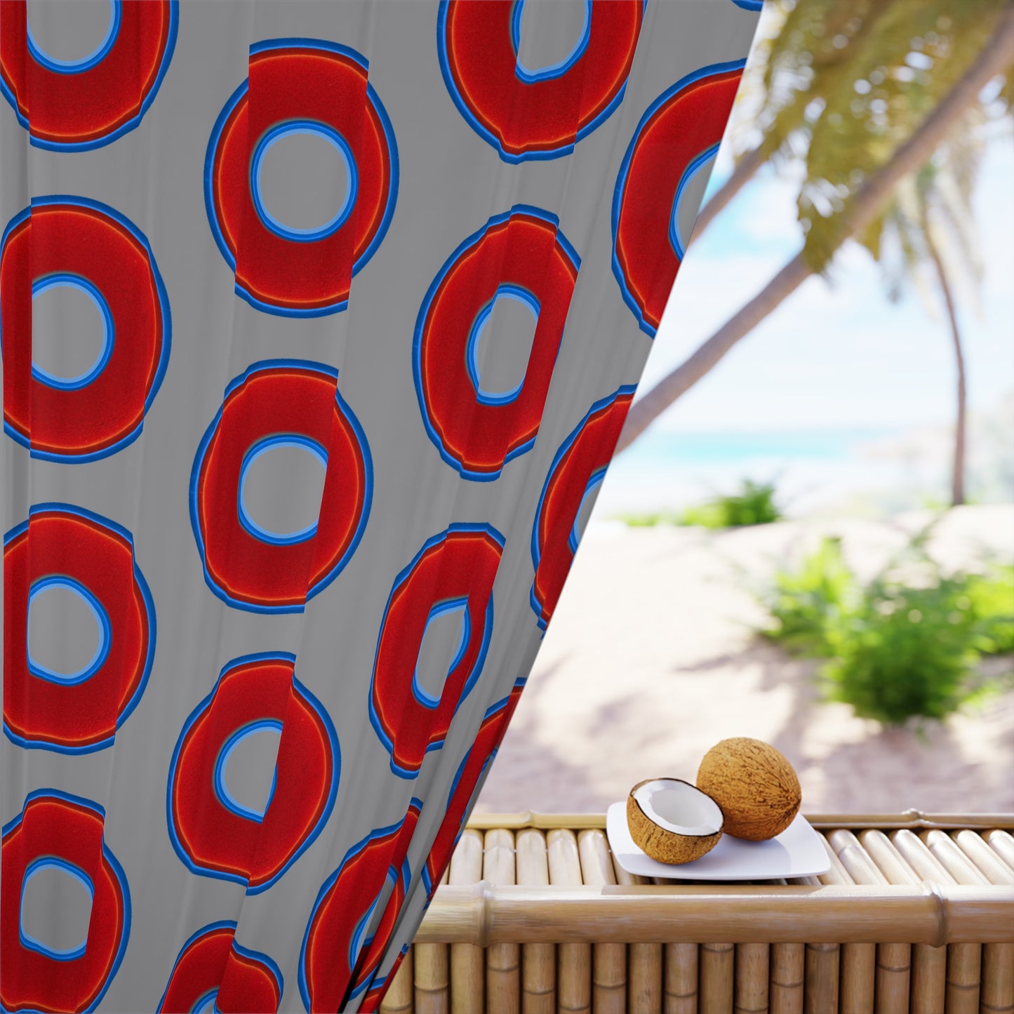 Lump's Heady Curtain w/Donuts - vivid red donut print - w/gray background - [*1 Piece / 50" x 84"]