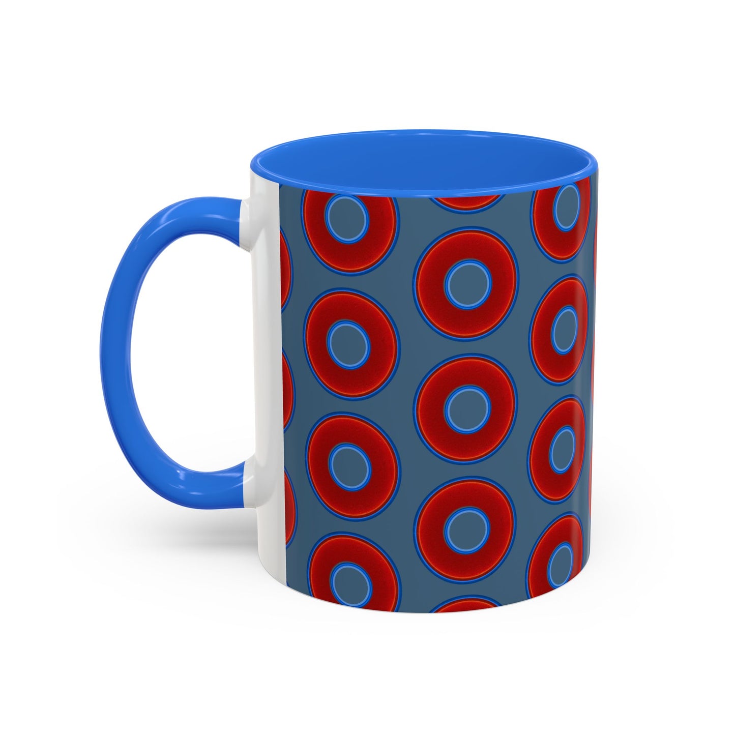 Lump's Grumpy Coffee Mug - vivid red donuts w/steel blue background