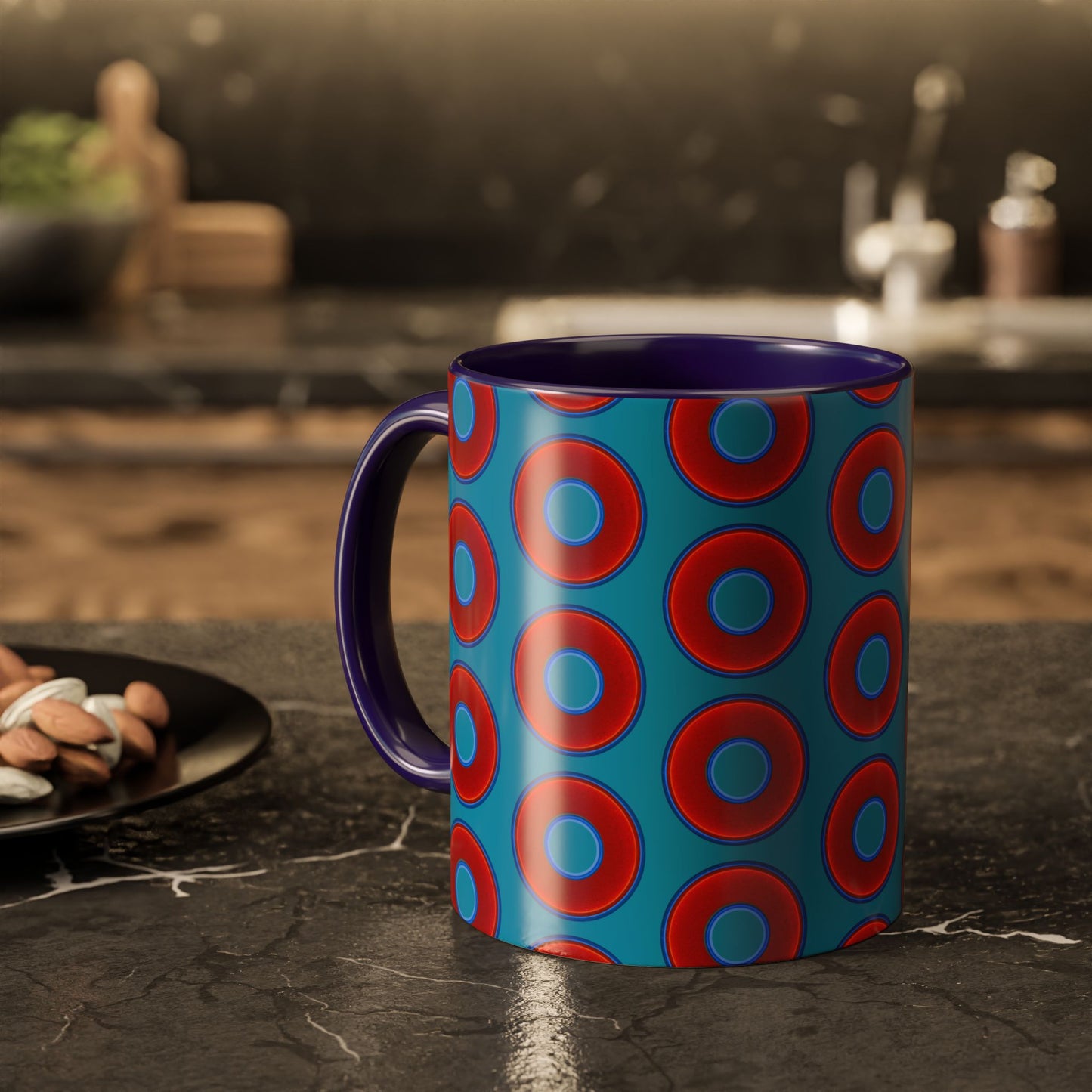 Lump's Grumpy Coffee Mug - vivid red donuts w/aquamarine blue background
