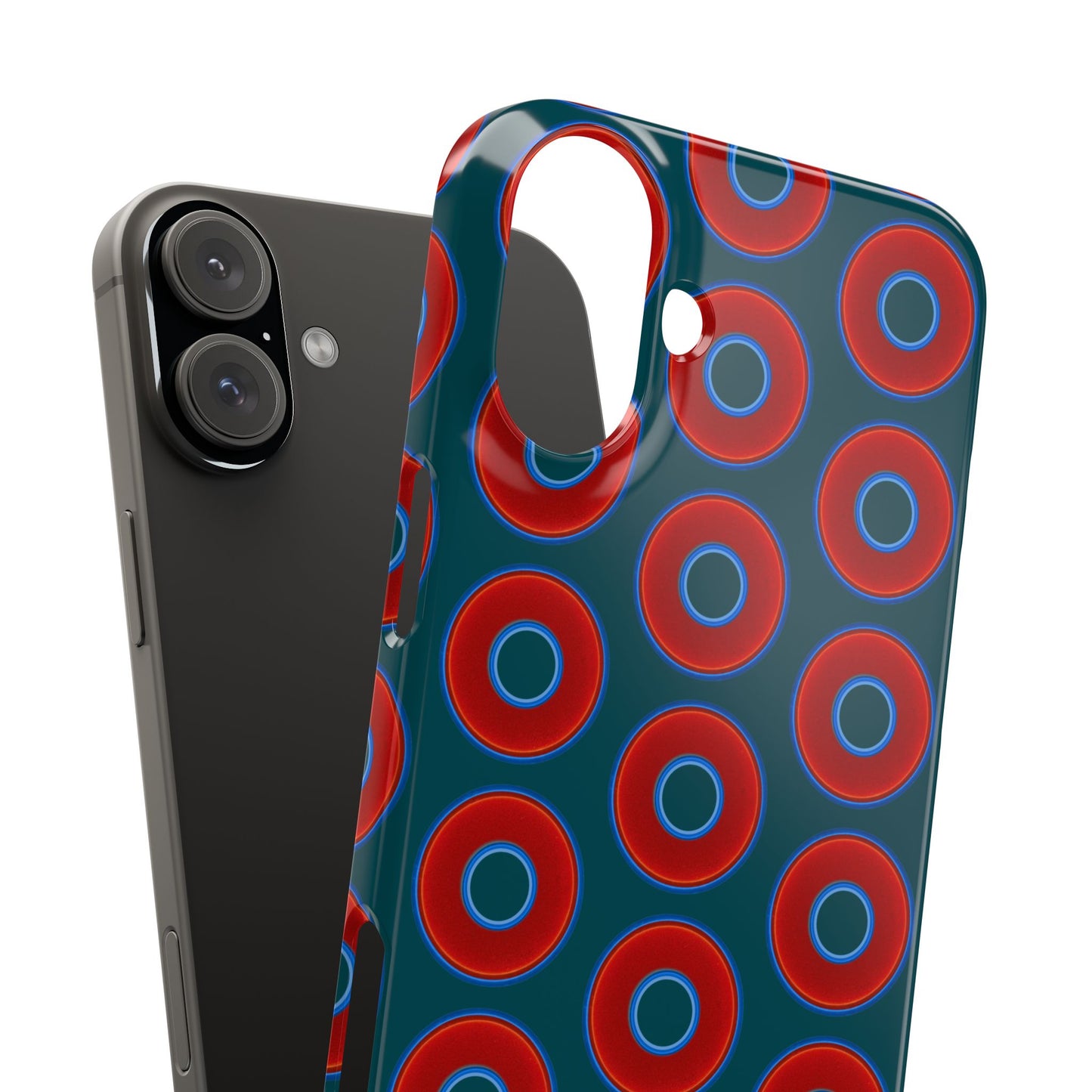 Lumpy Donut Snap Case - red vivid donut print w/midnight teal green background