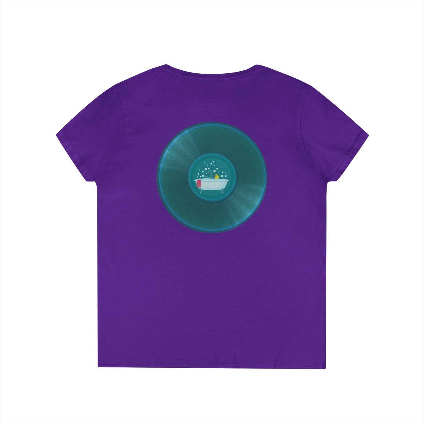 Women's Donut V-Neck Tee - "Bathtub Fun Donut" - vivid aquamarine donuts w/tub