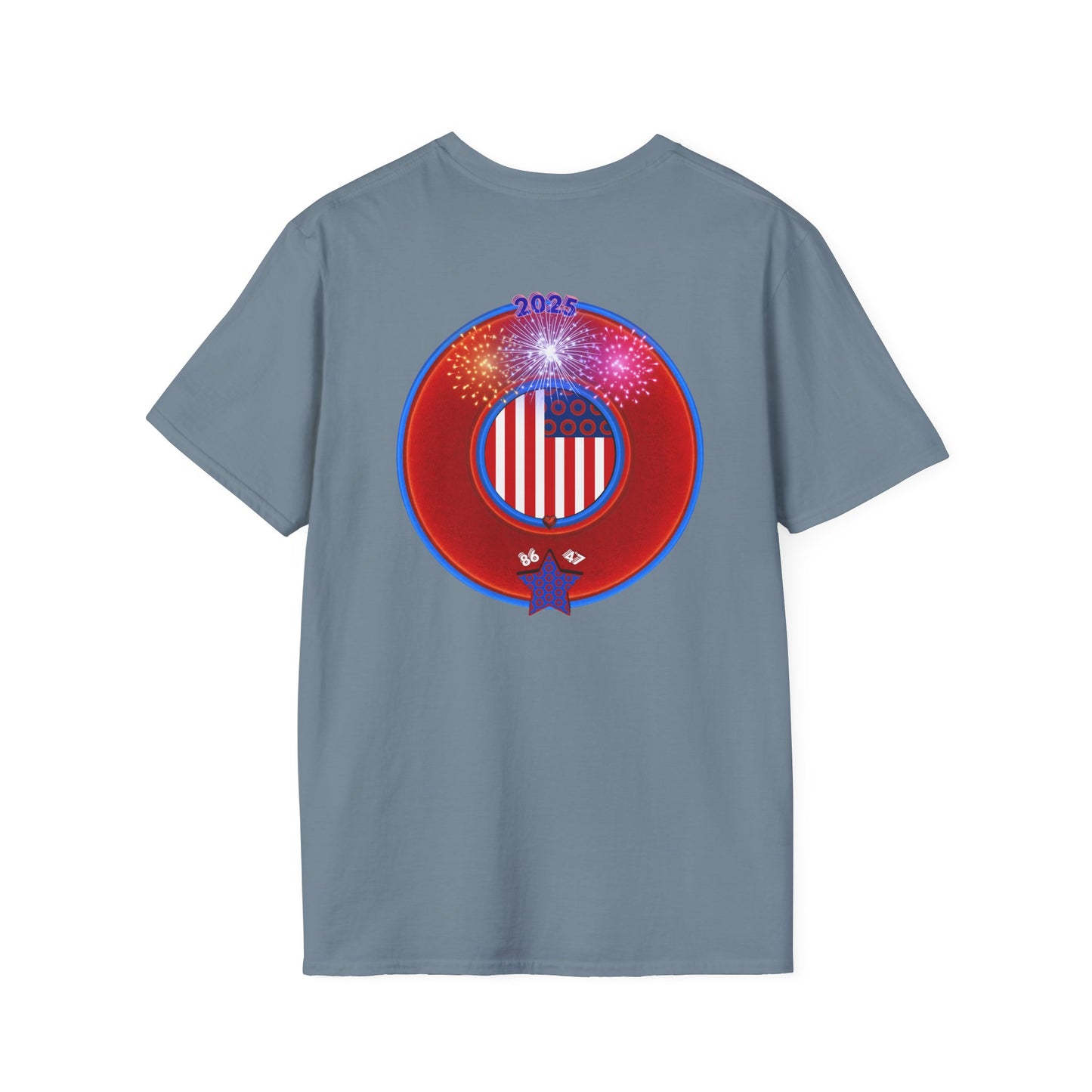 Classic Donut Tee - Unisex Soft-Style - "One Indivisible Donut" - vivid red phreedom donut - w/fireworks - variant 3