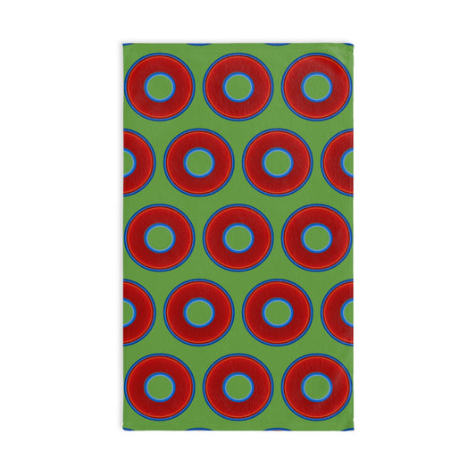 Lumpy Kitchen/Hand Towels - vivid red donuts w/light green background