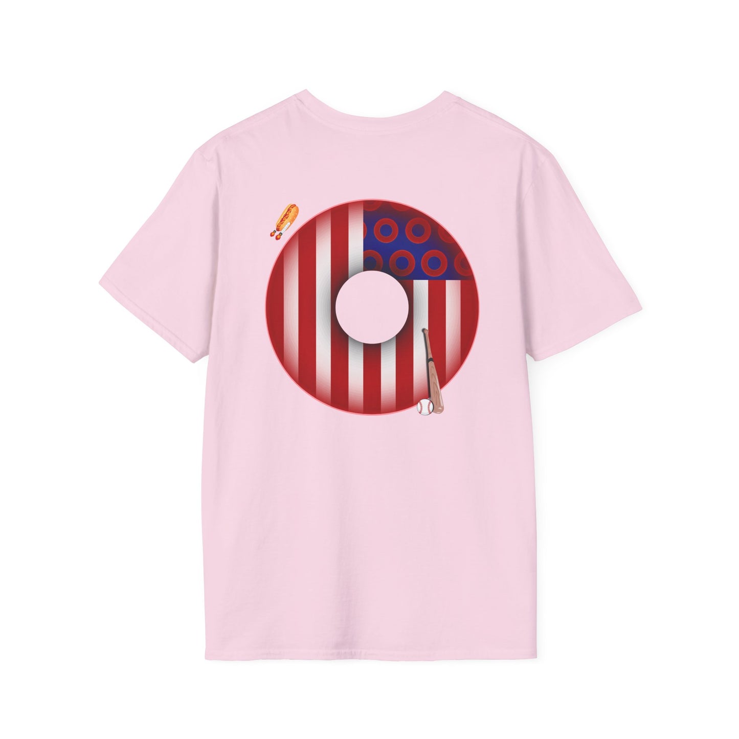 Classic Donut Tee - Unisex Soft-Style - "Uncle Sam's Donuts & Stripes" - vivid flag donut w/raw dogger