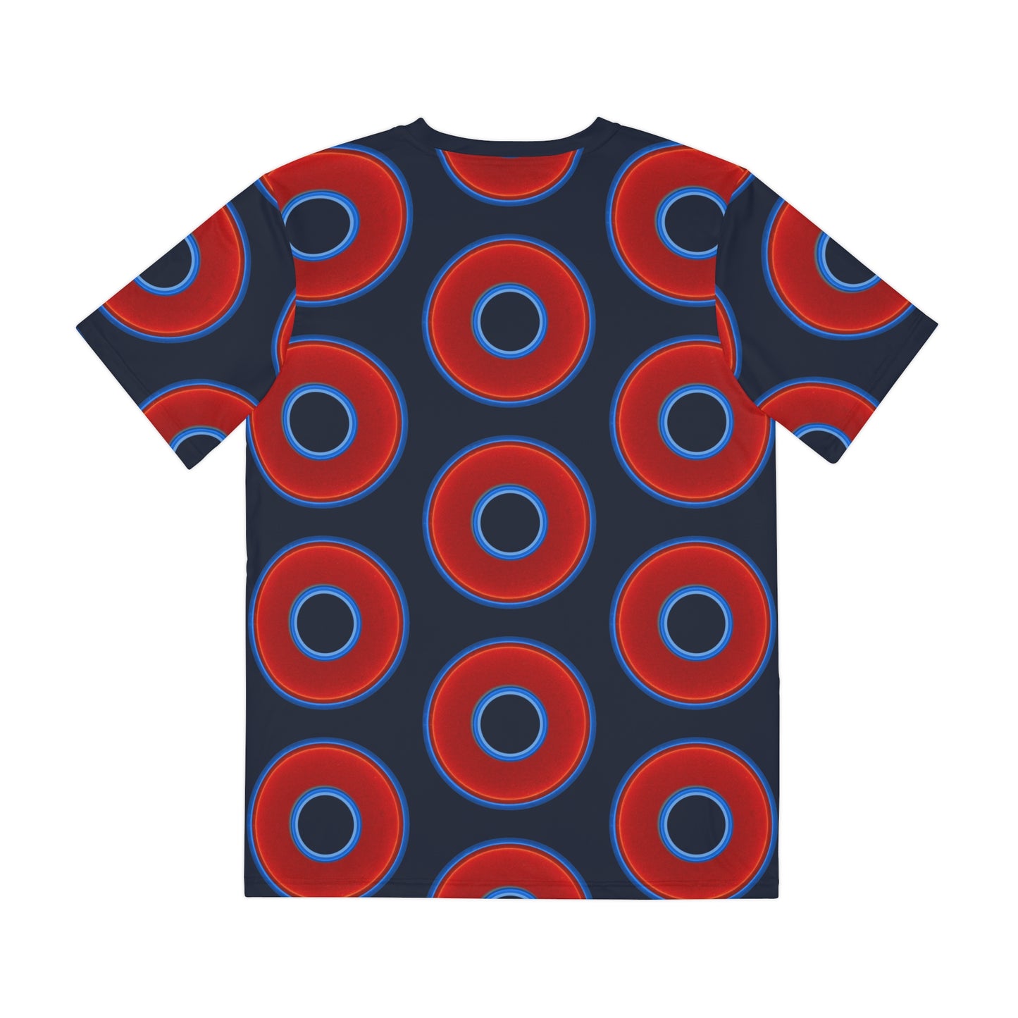 Multi-Beastie Giant Donut AOP Polyester Tee - red vivid donut print w/dark teal blue elite background
