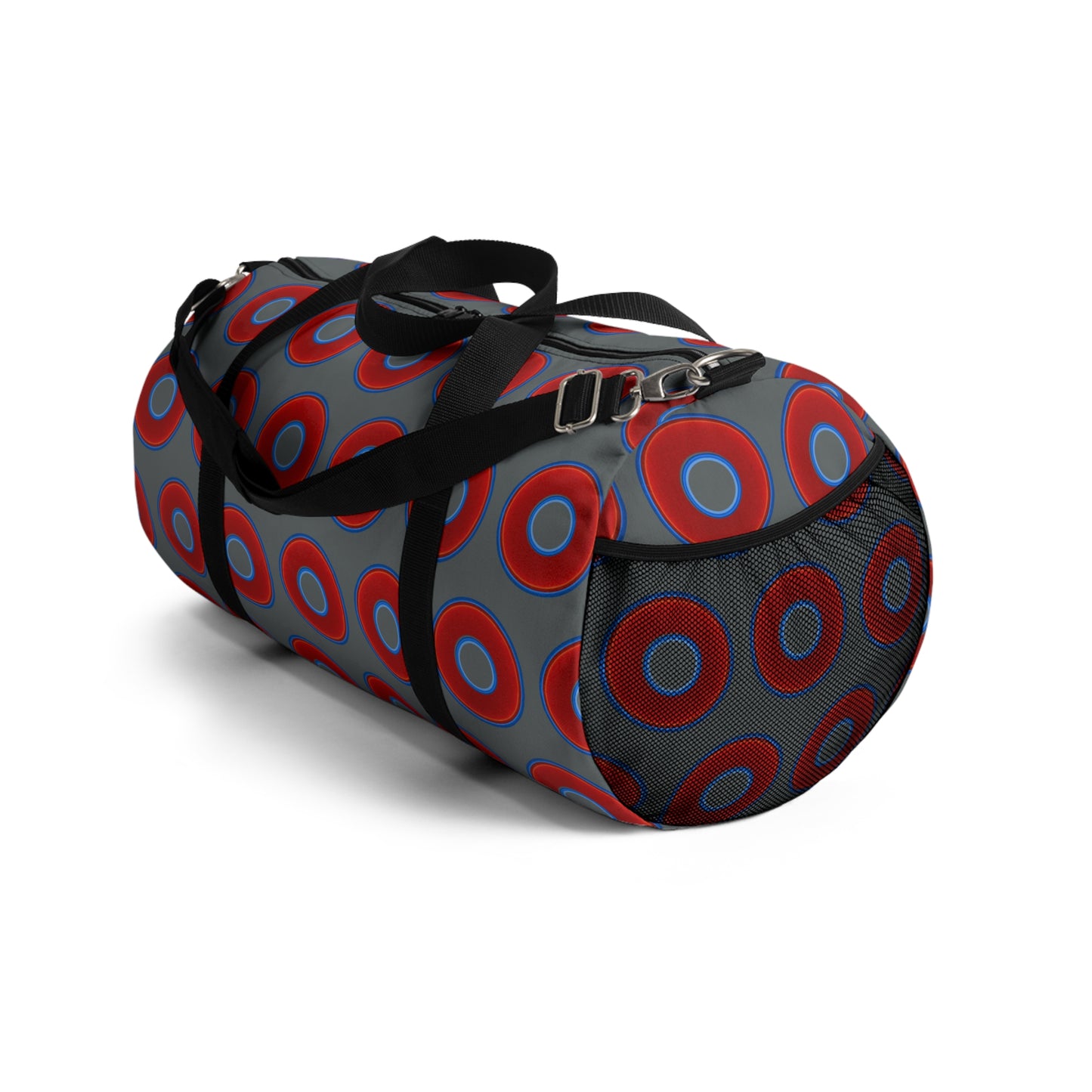 Lumpy Duffel - vivid red donuts w/dark gray background