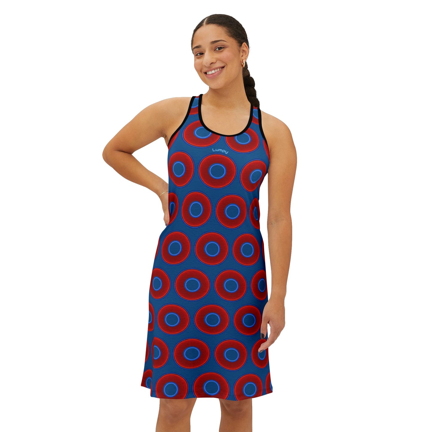 Tela's Lumpy Racerback Donut Dress - red vivid donut print w/wavy navy blue background