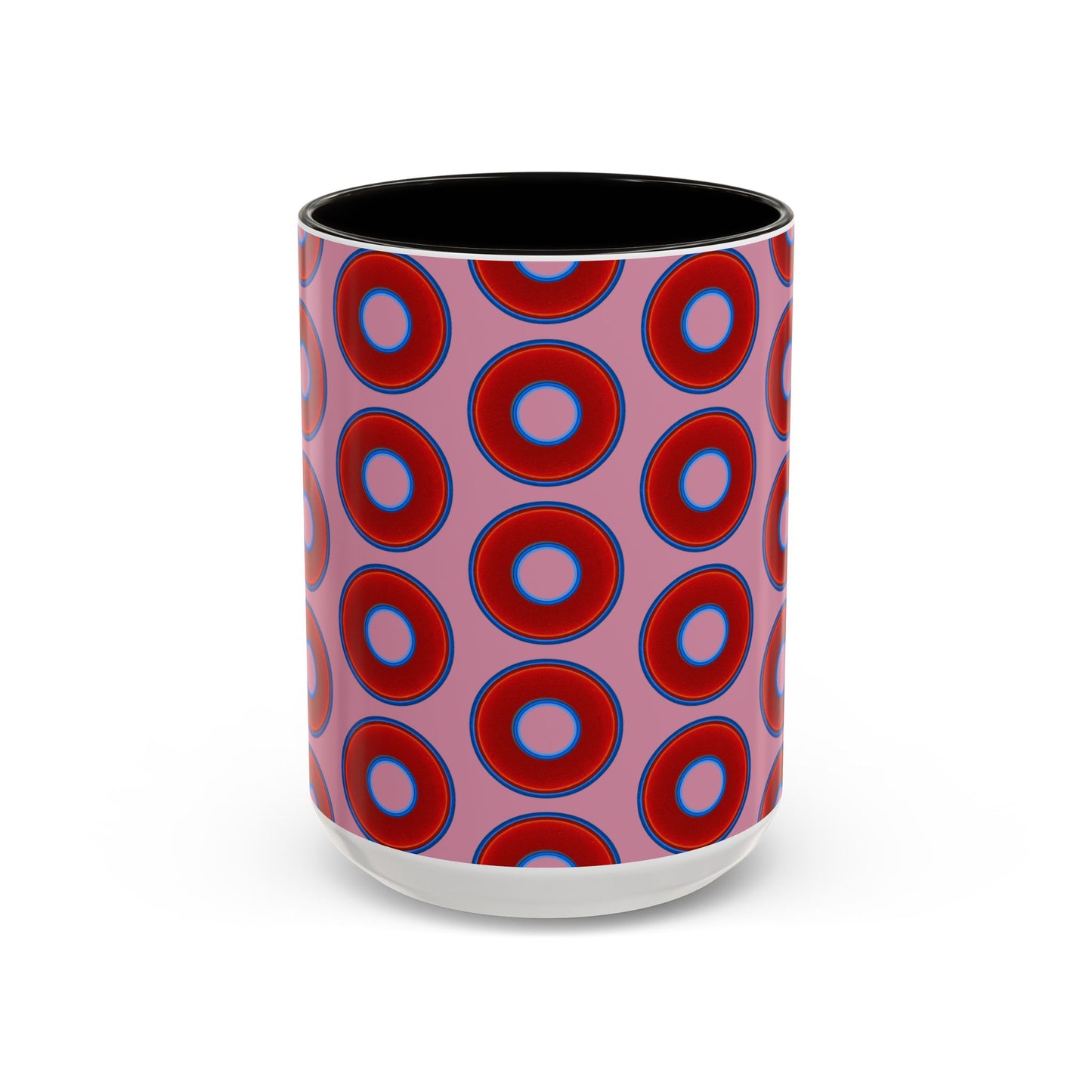 Lump's Grumpy Coffee Mug - vivid red donuts w/pink background