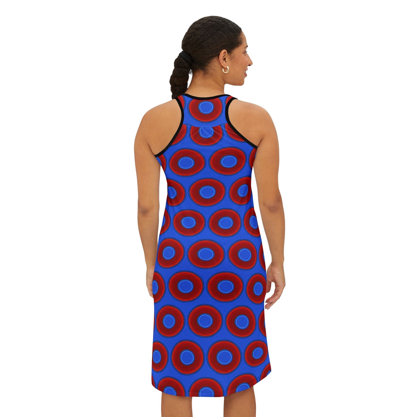 Tela's Lumpy Racerback Donut Dress - red vivid donut print w/medium royal blue background