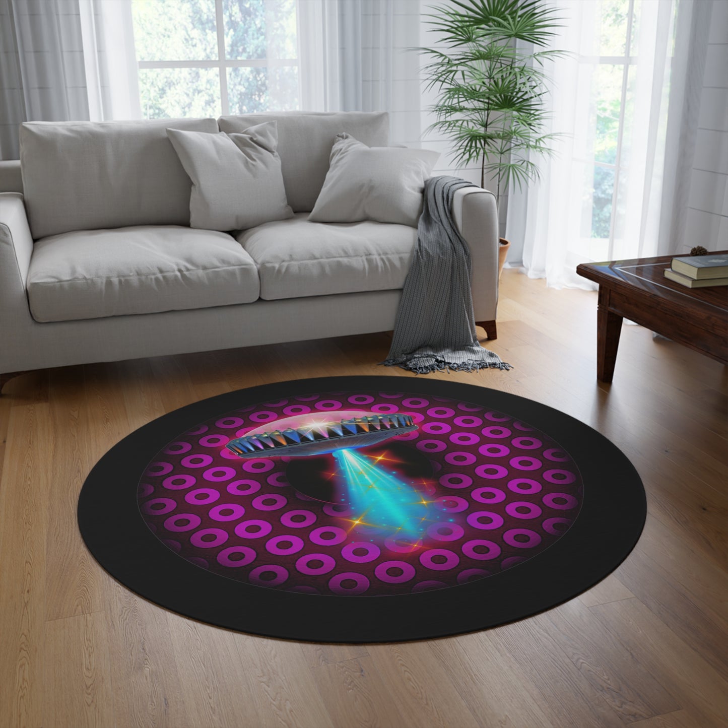 Round Room - 5 ft x 5 ft Lumpy Donut Rug - "They Have Donut Rugs On The Mothership Now" - paradoxical burgundy/magenta donut w/black background - variant 3