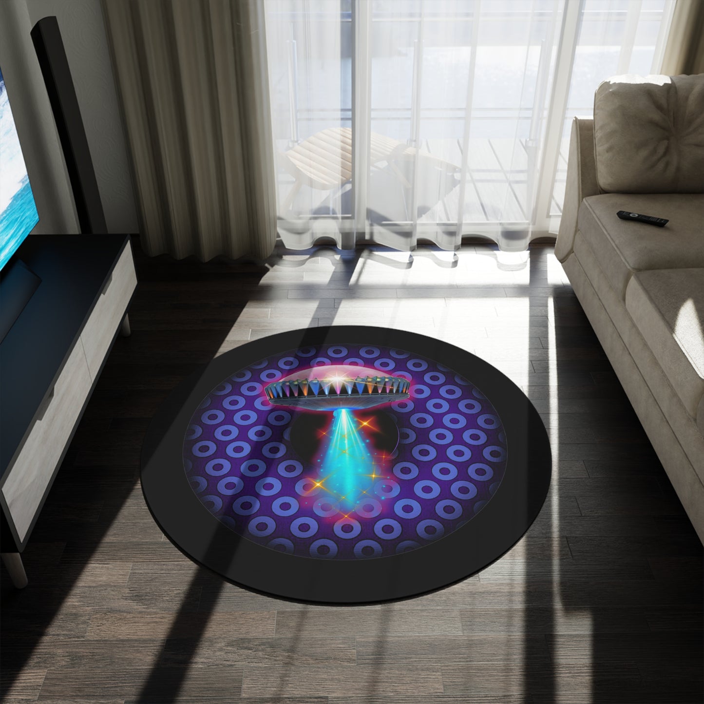 Round Room - 5 ft x 5 ft Lumpy Donut Rug - "They Have Donut Rugs On The Mothership Now" - paradoxical purple/light blue donut w/black background - variant 4