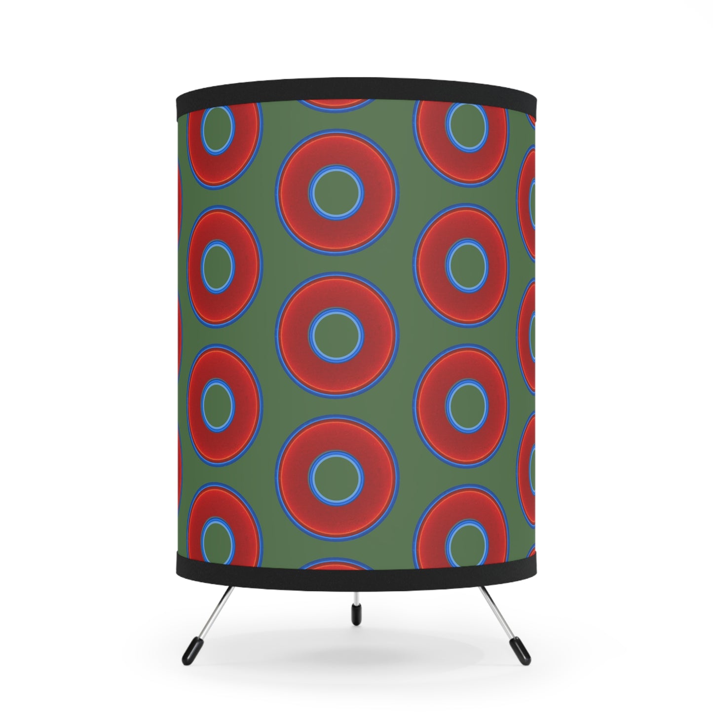 Lumpy Tripod Donut Lamp - vivid red donuts w/dark green background