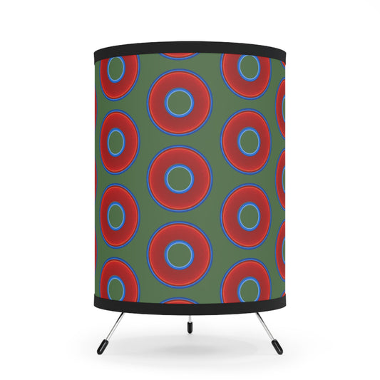 Lumpy Tripod Donut Lamp - vivid red donuts w/dark green background