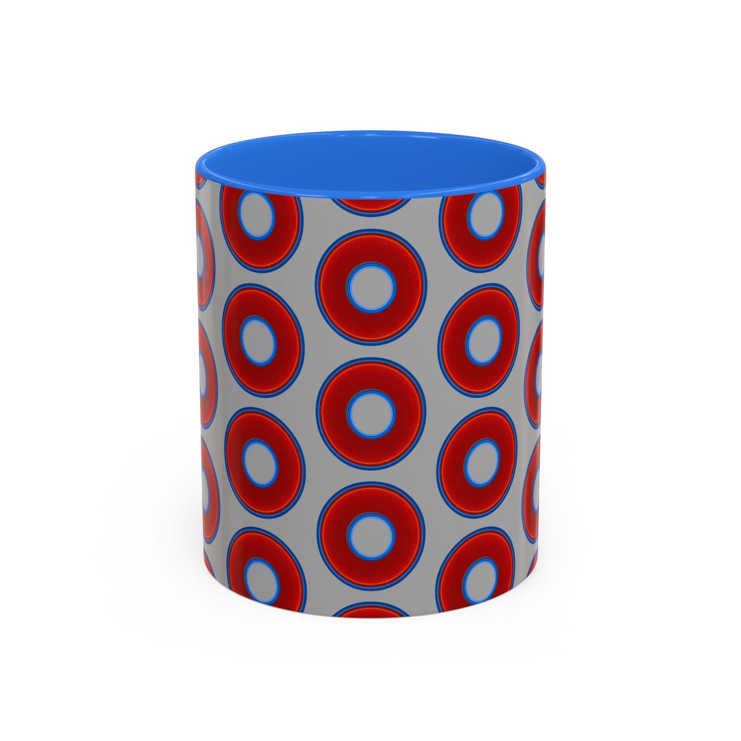 Lump's Grumpy Coffee Mug - vivid red donuts w/light gray background