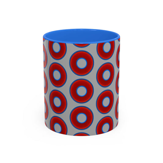 Lump's Grumpy Coffee Mug - vivid red donuts w/light gray background